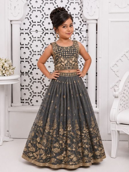 Grey Chinon Silk Lahenga Choli With Digital Print And Sequence Work For Girls Kurtis
