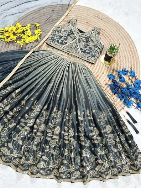 Grey Chinon Silk Lahenga Choli With Digital Print And Sequence Work For Girls Girls Wear
