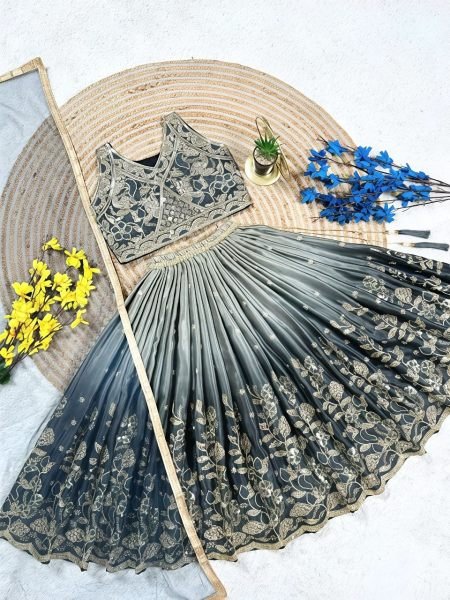 Grey Chinon Silk Lahenga Choli With Digital Print And Sequence Work For Girls Girls Wear