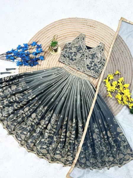 Grey Chinon Silk Lahenga Choli With Digital Print And Sequence Work For Girls Girls Wear
