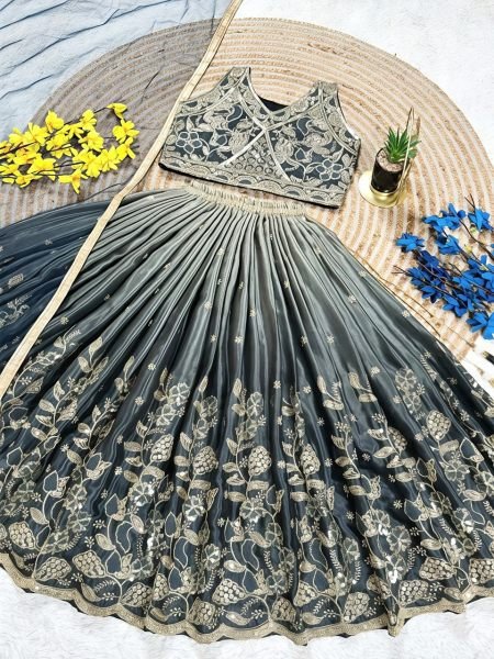 Grey Chinon Silk Lahenga Choli With Digital Print And Sequence Work For Girls Girls Wear