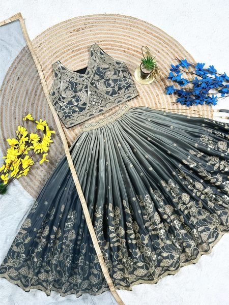 Grey Chinon Silk Lahenga Choli With Digital Print And Sequence Work For Girls Girls Wear