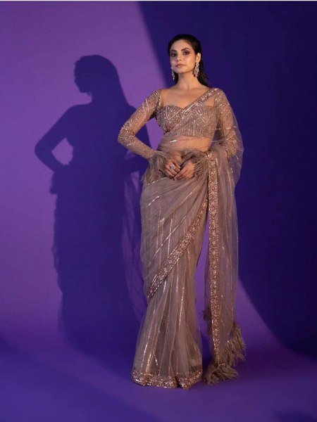 Grey Color Bollywood Saree in Soft Mono Net With Sequence Work Indian Sari 