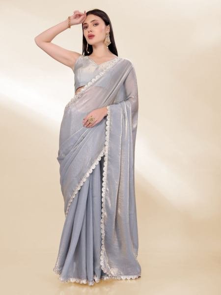 Grey Color Fendi Silk With Fancy Embroidery Lace Broder and Running Blouse Silk Sarees Wholesale