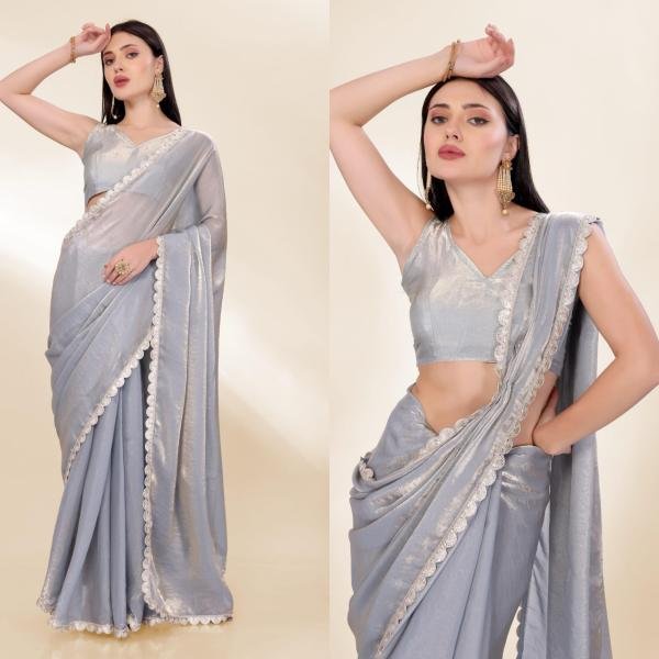 Grey Color Fendi Silk With Fancy Embroidery Lace Broder and Running Blouse Silk Sarees Wholesale