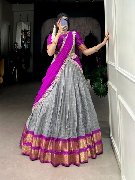 Grey Color South Indian Style Half Saree with Weaving Work Lehenga Choli Set