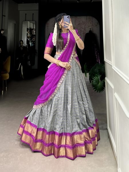 Grey Color South Indian Style Half Saree with Weaving Work Lehenga Choli Set Half Saree Lehenga