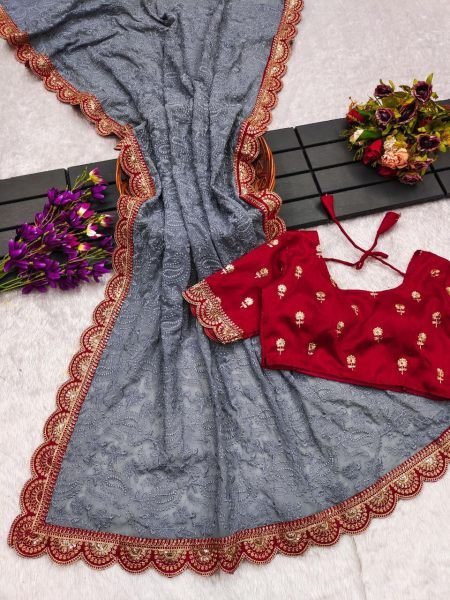 Grey colour chickenkari style embroidery work traditional saree with blouse Georgette Sarees Wholesale