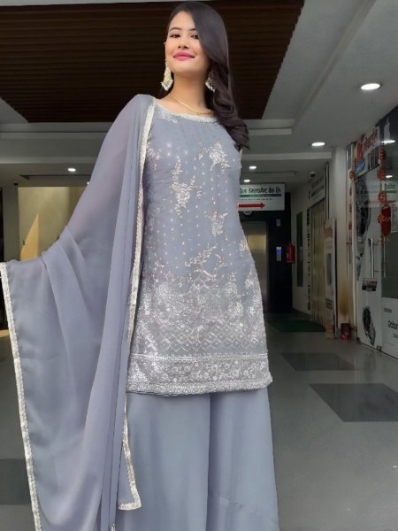 Grey Designer Heavy Georgette Palazzo Suit Set with Sequence Work Party Outfit Ready To Wear Suit