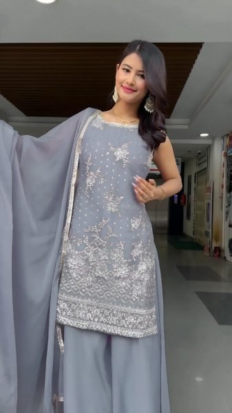Grey Designer Heavy Georgette Palazzo Suit Set with Sequence Work Party Outfit Ready To Wear Collection