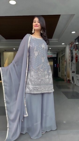 Grey Designer Heavy Georgette Palazzo Suit Set with Sequence Work Party Outfit Ready To Wear Collection