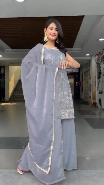 Grey Designer Heavy Georgette Palazzo Suit Set with Sequence Work Party Outfit Ready To Wear Collection