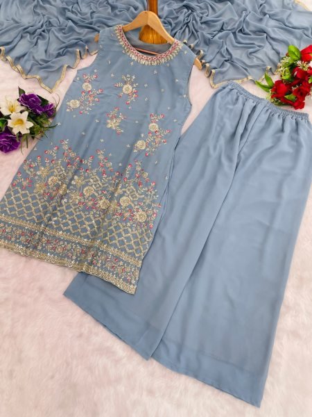 Grey Designer Heavy Georgette Palazzo Suit Set with Sequence Work Party Outfit Ready To Wear Collection
