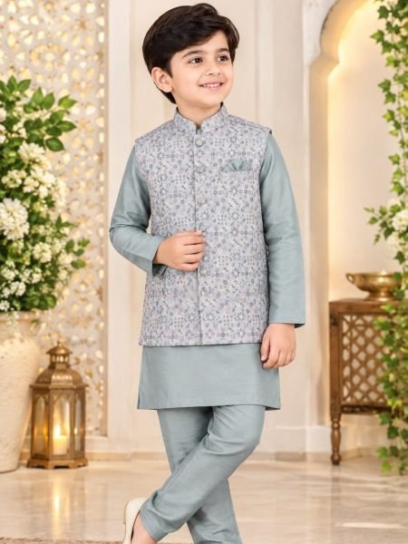 Grey Designer Kids Koti Kurta Pyjama Set with Silk Kurta and Pyjama 