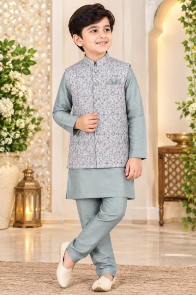 Grey Designer Kids Koti Kurta Pyjama Set with Silk Kurta and Pyjama Boys Wear