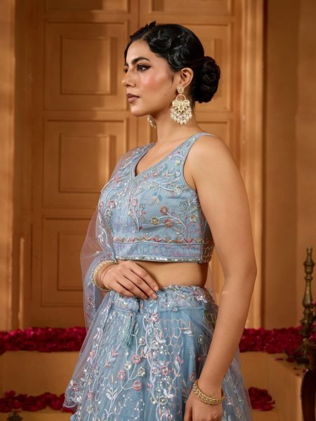Grey Embellished Net Lehenga with Sequins Detailing Celebration Outfit Designer Lehenga Choli