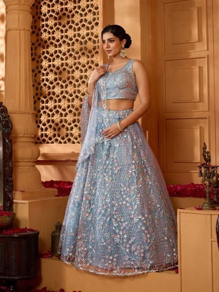 Grey Embellished Net Lehenga with Sequins Detailing Celebration Outfit Designer Lehenga Choli