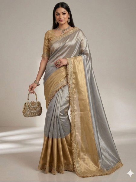 Grey Golden Viscose Tissue Organza Saree with Fancy Lace Border for Party Wear Sarees 
