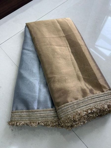 Grey Golden Viscose Tissue Organza Saree with Fancy Lace Border for Party Wear Bollywood Fancy Sarees Wholesale