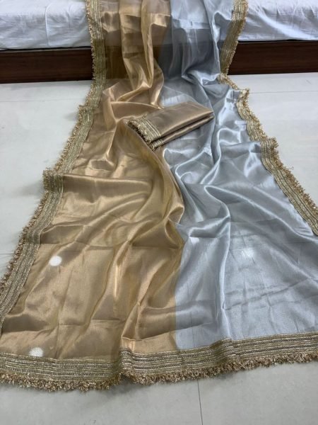 Grey Golden Viscose Tissue Organza Saree with Fancy Lace Border for Party Wear Bollywood Fancy Sarees Wholesale