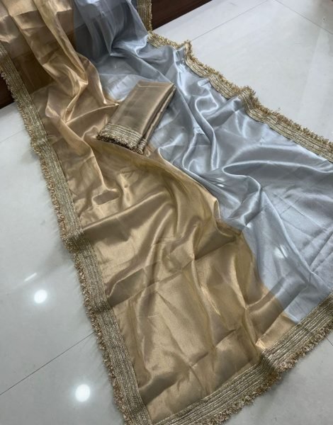 Grey Golden Viscose Tissue Organza Saree with Fancy Lace Border for Party Wear Bollywood Fancy Sarees Wholesale