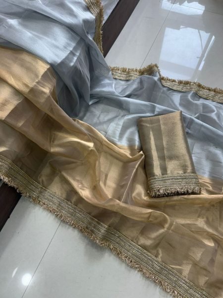 Grey Golden Viscose Tissue Organza Saree with Fancy Lace Border for Party Wear Bollywood Fancy Sarees Wholesale