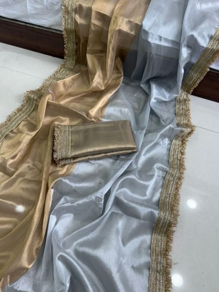 Grey Golden Viscose Tissue Organza Saree with Fancy Lace Border for Party Wear Bollywood Fancy Sarees Wholesale