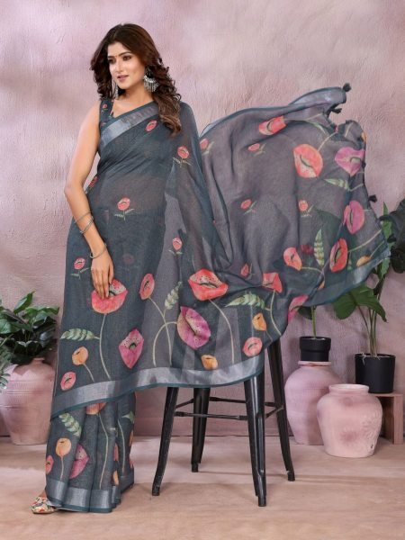 Grey Linen Shimmer Saree with Floral Print and Designer Tassel Work at Low Price Printed Cotton Sarees Wholesale