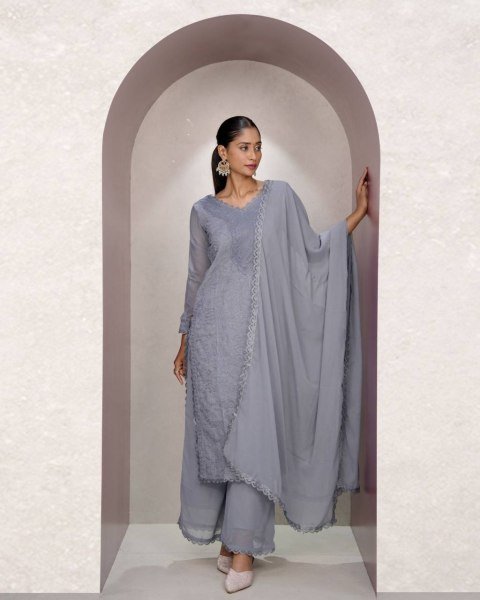 Grey Lucknowi Chikankari Fox Georgette Kurti Set Comfortable Ready Look Lucknowi Chikankari Kurtis Wholesale