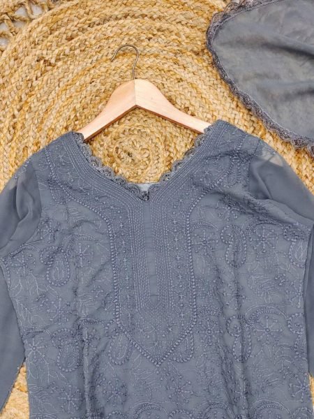 Grey Lucknowi Chikankari Fox Georgette Kurti Set Comfortable Ready Look Lucknowi Chikankari Kurtis Wholesale