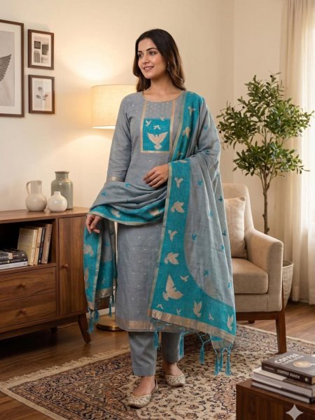 Grey Muga Cotton Jamdani Dress Material with Pichwai Weaving for Festive Wear Dress Material 