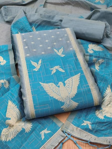 Grey Muga Cotton Jamdani Dress Material with Pichwai Weaving for Festive Wear Cotton Dress Material