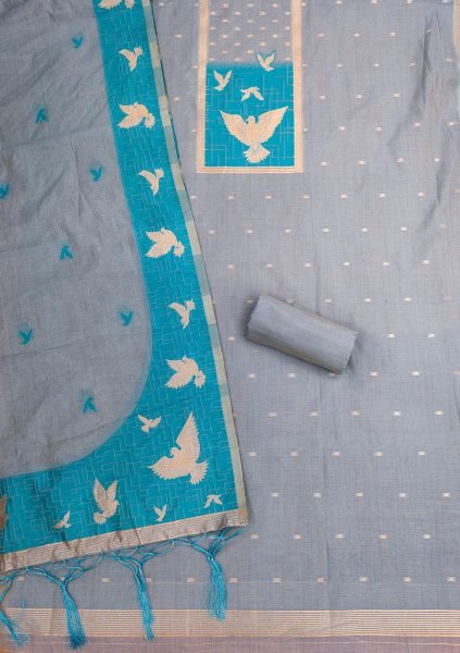 Grey Muga Cotton Jamdani Dress Material with Pichwai Weaving for Festive Wear Cotton Dress Material