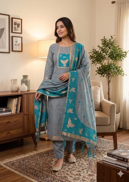 Grey Muga Cotton Jamdani Dress Material with Pichwai Weaving for Festive Wear Cotton Dress Material