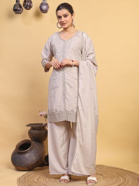 Grey Natural Crepe Embroidered Kurti with Palazzo and Dupatta For Wedding 