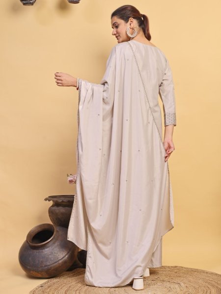 Grey Natural Crepe Embroidered Kurti with Palazzo and Dupatta For Wedding 3 Piece Kurti Set