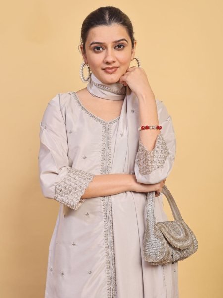 Grey Natural Crepe Embroidered Kurti with Palazzo and Dupatta For Wedding 3 Piece Kurti Set