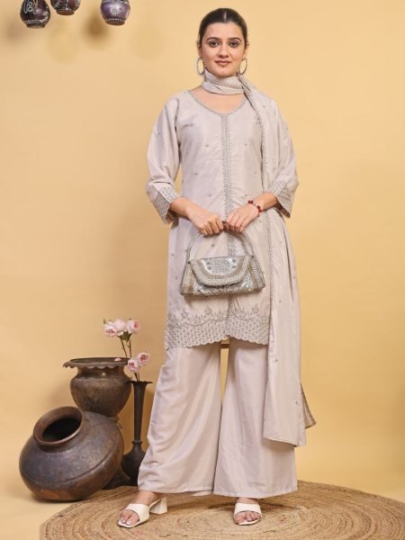 Grey Natural Crepe Embroidered Kurti with Palazzo and Dupatta For Wedding 3 Piece Kurti Set
