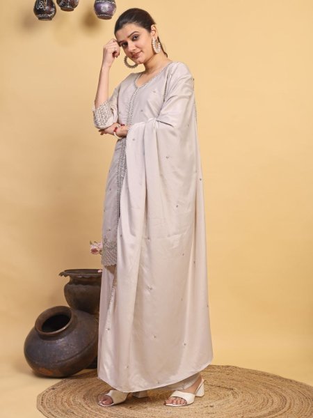 Grey Natural Crepe Embroidered Kurti with Palazzo and Dupatta For Wedding 3 Piece Kurti Set