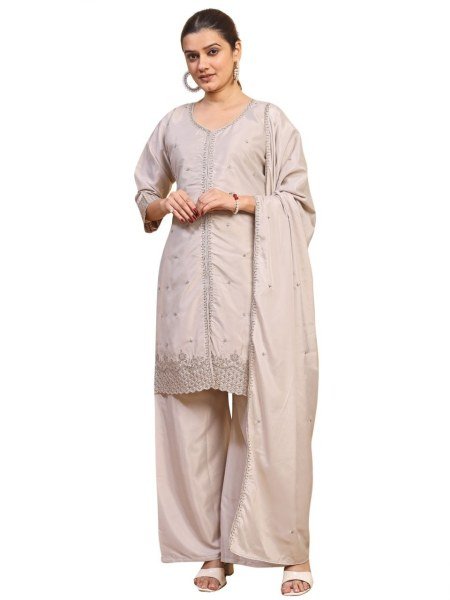 Grey Natural Crepe Embroidered Kurti with Palazzo and Dupatta For Wedding 3 Piece Kurti Set