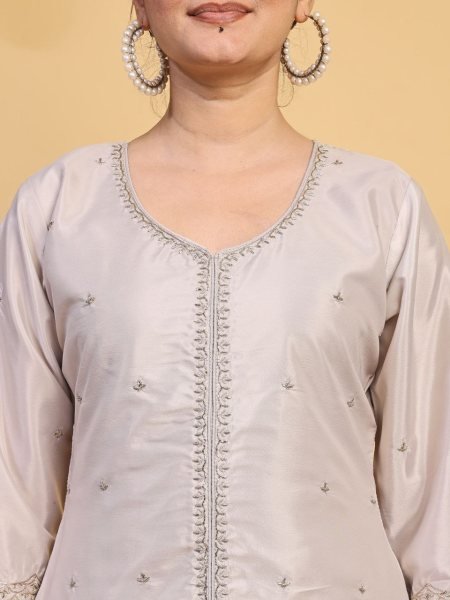 Grey Natural Crepe Embroidered Kurti with Palazzo and Dupatta For Wedding 3 Piece Kurti Set