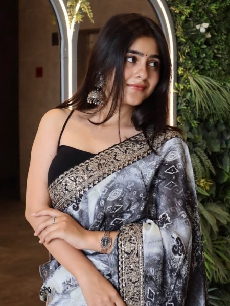 Grey Noir Printed Georgette Saree with Embroidered Lace Classy Choice erfect for Evening Events  Georgette Sarees Wholesale
