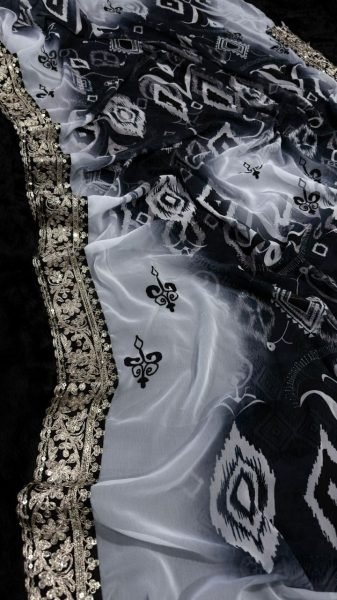 Grey Noir Printed Georgette Saree with Embroidered Lace Classy Choice erfect for Evening Events  Georgette Sarees Wholesale