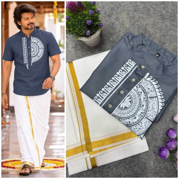 Grey Premium Men s Magic Cotton Printed Jippa Dhoti Set at Wholesale Mens Shirt