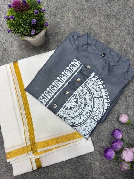 Grey Premium Men s Magic Cotton Printed Jippa Dhoti Set at Wholesale Mens Shirt