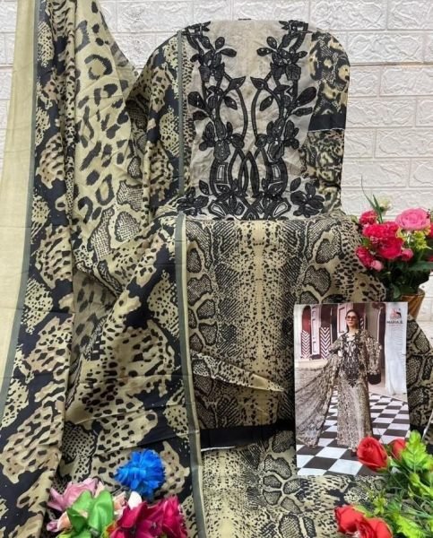 Grey Pure Cotton Suit Set with Heavy Embroidery and Designer Printed Dupatta Pakistani Suits Wholesale