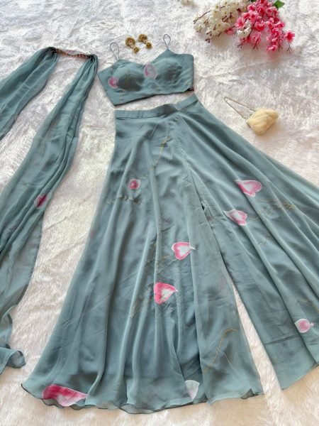 Grey Pure Georgette Hand Painted Palazzo Set with Padded Blouse and Dupatta for Festive Wear Ready To Wear Collection