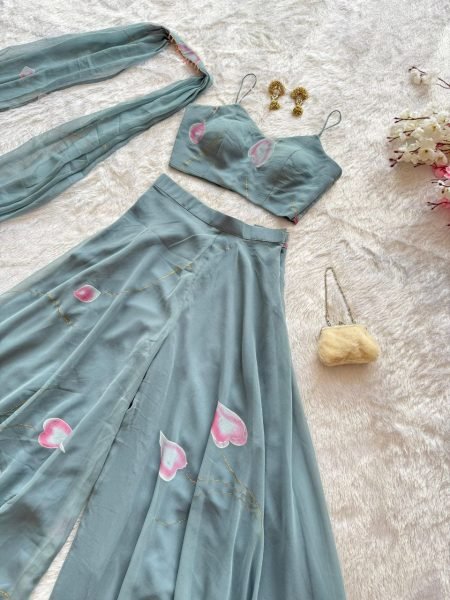 Grey Pure Georgette Hand Painted Palazzo Set with Padded Blouse and Dupatta for Festive Wear Ready To Wear Collection