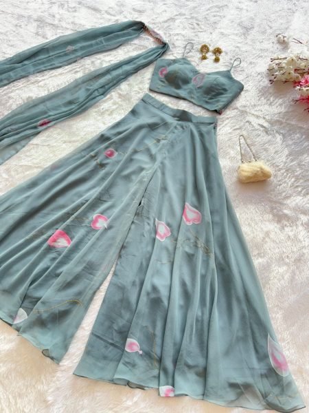 Grey Pure Georgette Hand Painted Palazzo Set with Padded Blouse and Dupatta for Festive Wear Ready To Wear Collection