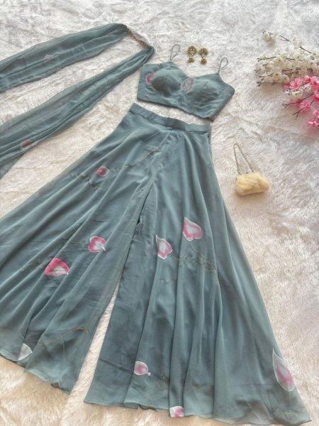 Grey Pure Georgette Hand Painted Palazzo Set with Padded Blouse and Dupatta for Festive Wear Ready To Wear Collection